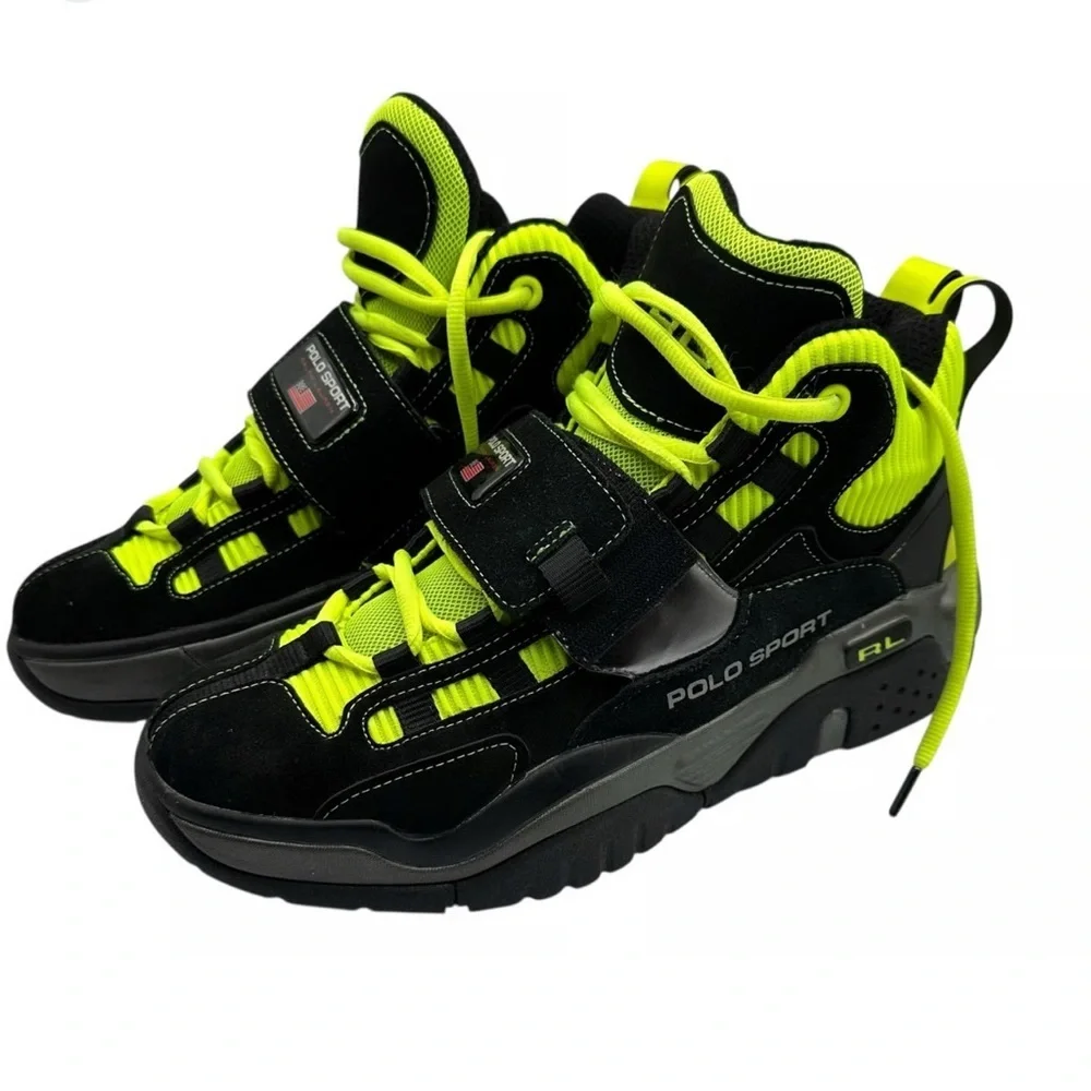 Polo by Ralph Lauren Black and Neon Green Suede Sneakers, Like New
